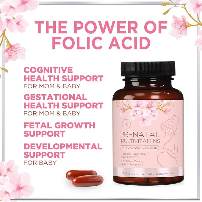 Women's Prenatal Multivitamin with Folic Acid + DHA, Essential Prenatal Vitamins with Folate, Omega 3, Vitamin D3, B6, B12 & Iron, Pregnancy Support Supplement for Mom and Baby - 60 Softgels