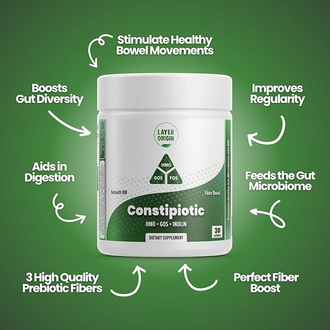 Layer Origin Constipiotic Prebiotic Fiber to Ease Bowel Movement and Support Regularity - 4.4 g Per Serving - HMO 2'FL, GOS, Inulin FOS - 30-Day Supply - Unflavored, No Taste, Dissolve Easily