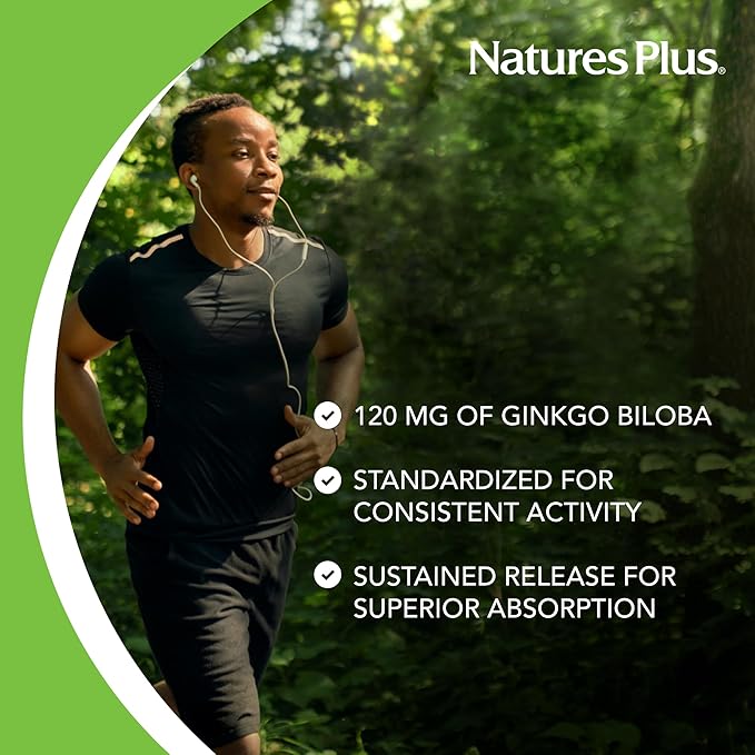 Natures Plus Herbal Actives Ginkgo Biloba, Extended Release - 120 mg, 60 Vegan Tablets - Vegetarian, Gluten-Free - 60 Servings