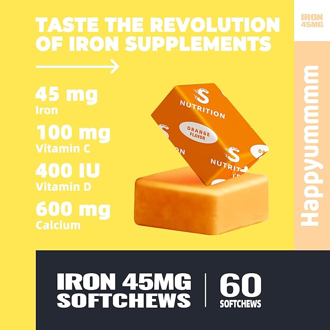 Iron Soft Chews Supplement with Vitamin C | Orange Flavored | Gluten Free | Iron Supplement for Women Men and Kids | 60 Count | 2 Month Supply