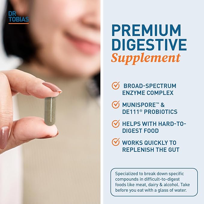 Dr. Tobias Digestive Enzymes with Probiotics, Prebiotics and Postbiotics Bromelain, Amylase, Lipase, for Better Digestion & Immune Function, 120 Capsules 60 Servings (2 Daily)