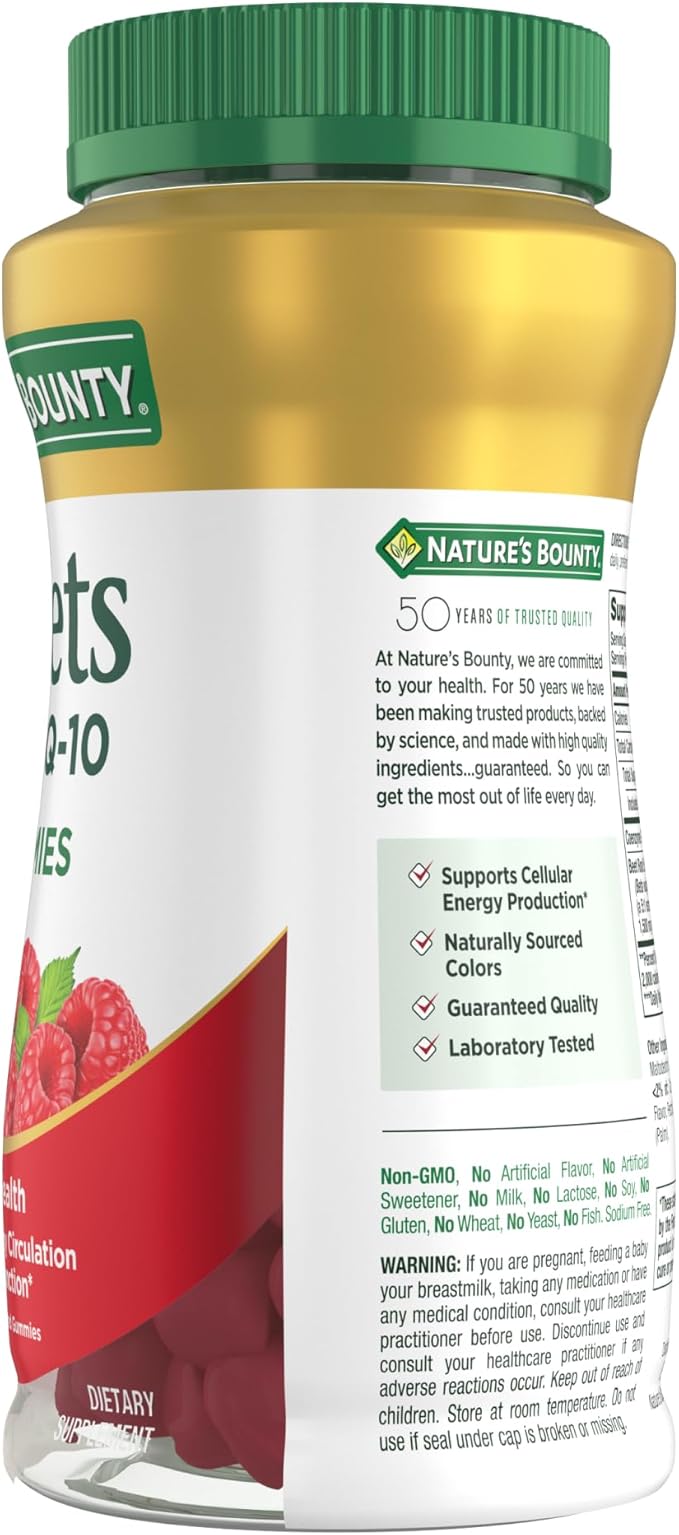 Nature's Bounty Beets & Co Q-10 Gummies for Heart Health, Coenzyme Q10, Beet Root Extract, Supports Healthy Circulation and Heart Function, Cellular Energy Production, Raspberry Flavor, 60 Gummies