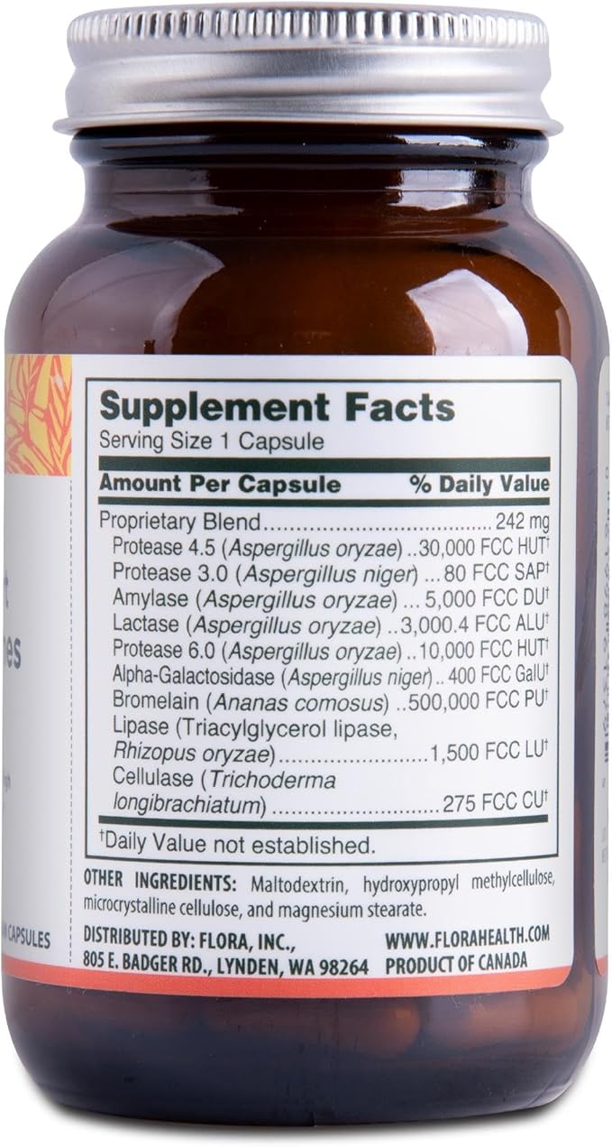 Flora Urgent Support Digestive Enzymes - Digestion Support Supplement - Aids Bloating & Nutrient Absorption - Features 9 Enzymes - Gluten-Free & Non-GMO - 60 Vegetarian Capsules