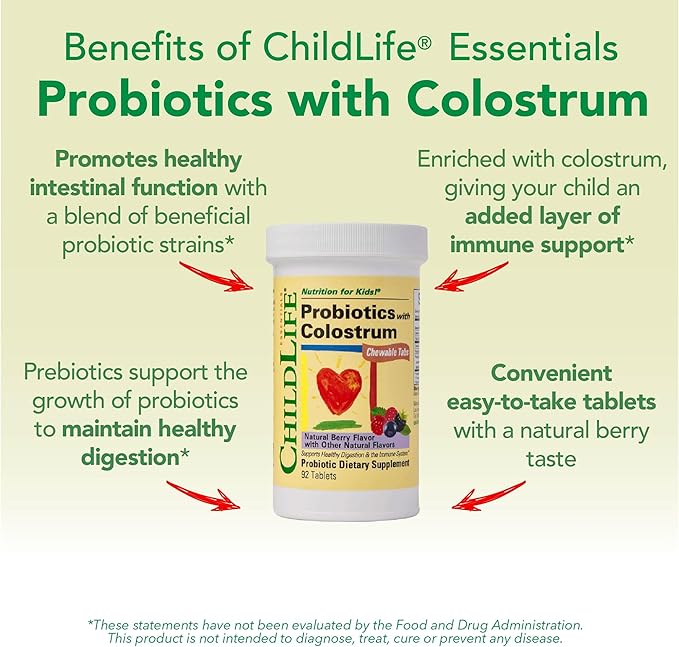 CHILDLIFE ESSENTIALS ChildBiotics with Colostrum- Probiotics for Kids, Probiotics for Digestive Health, Chewables, Children's Probiotic, Colostrum for Kids - Natural Berry, 92 Tablets (Pack of 2)