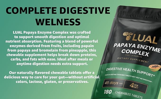 LUAL Papaya Enzyme Complex – Chewable Tablets with Papain, Bromelain & Digestive Enzymes – Supports Digestion & Nutrient Absorption – Natural Papaya Flavor – 180 Count