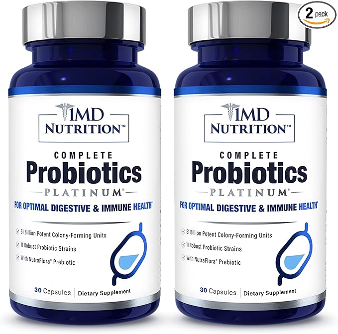 1MD Complete Probiotics Platinum | Supports Digestive Health | with Nourishing Prebiotics, 51 Billion Live CFU, 11 Strains, Dairy-Free | 30 Vegetable Capsules (2-Pack)