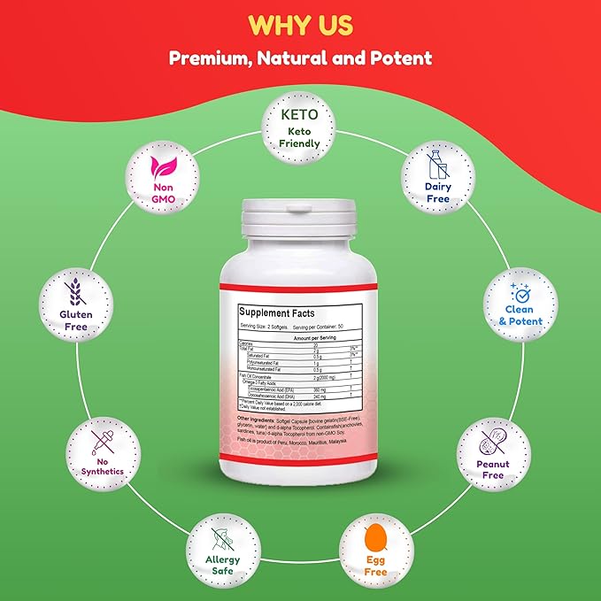 Halal Fish Oil 2000mg Softgels with 360mg EPA & 240mg DHA. 100 Wild Caught & Non-GMO Omega 3 Softgels for Heart & Brain Health. Burpless, Easy-to-Swallow Fish Oil Omega 3 Supplements
