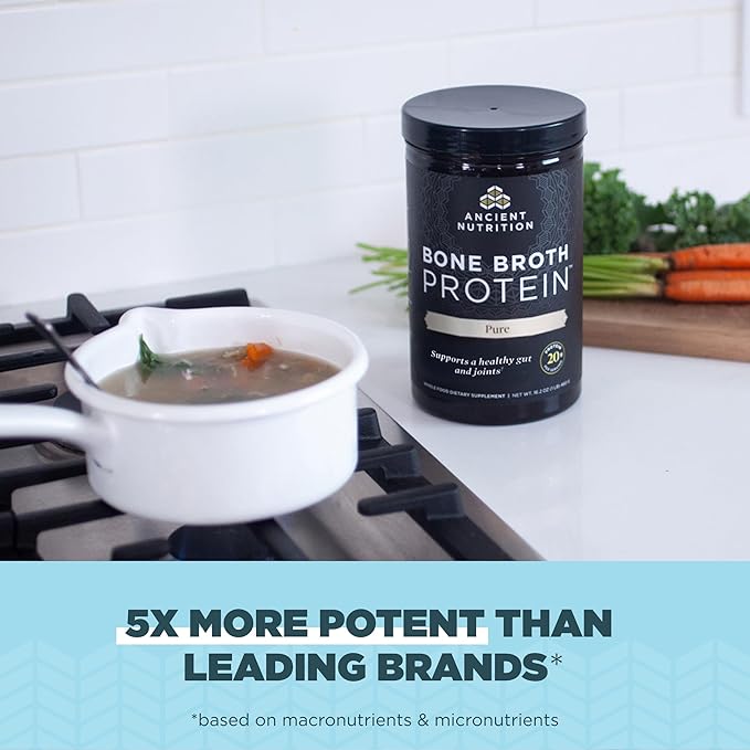 Ancient Nutrition Grass Fed & Cage Free Bone Broth Protein Powder, 20g Protein Per Serving, Hydrolyzed Collagen Peptides, Glucosamine, Chondroitin, Supports Joint & Gut Health, Pure, 40 Servings