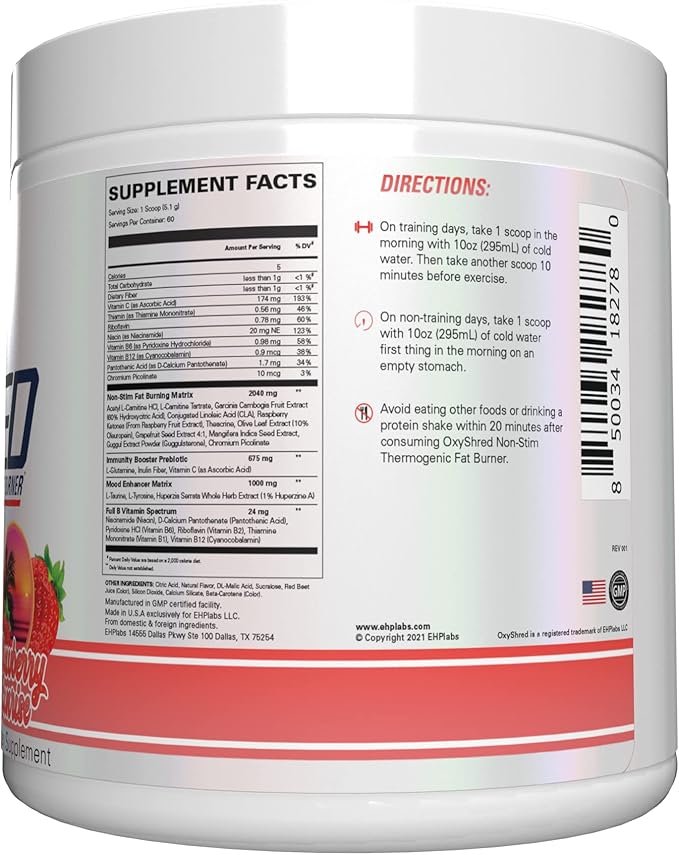 EHP Labs OxyShred Non Stimulant Pre Workout Powder - Stim Free, Caffeine Free Preworkout for Men & Women - Non Stim Preworkout - Sugar Free Energy Powder - Strawberry, 60 Servings
