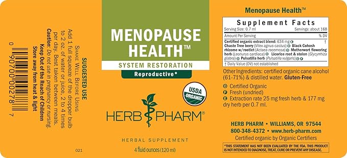 Herb Pharm Menopause Health: Women’s Supplement, Vitex Chaste Tree Berry & Black Cohosh Tincture for Women, Supports the Reproductive System, Vegan, Gluten-Free, Herbal Female Health Supplement, 4 Oz