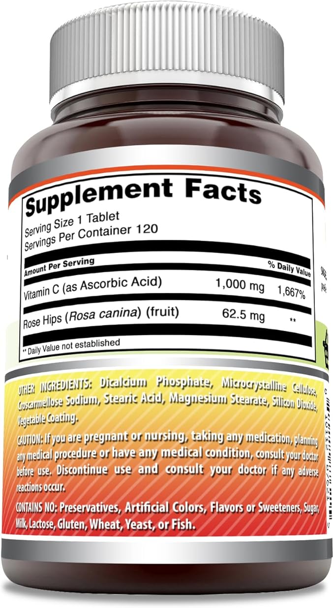 Amazing Formulas Vitamin C with Rose HIPS Supplement | 1000 Mg | Tablets | Non-GMO | Gluten Free | Made in USA (120 Count)