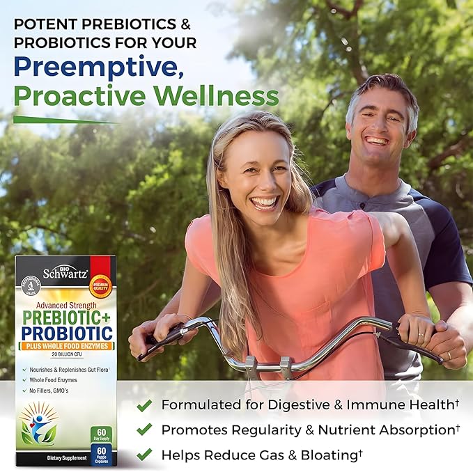 BioSchwartz Prebiotics and Probiotics for Men & Women, Gut Health with Lactobacillus Reuteri, Inulin Prebiotic Fiber, Digestive Enzymes, Non-GMO, Gluten-Free, Dairy-Free, Shelf-Stable, 60 CT