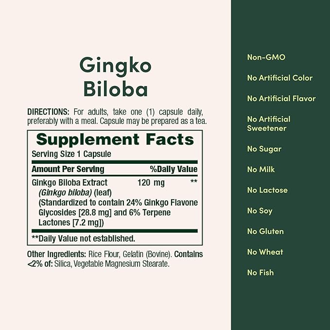 Nature's Bounty Ginkgo Biloba Capsules 120mg, Memory Support Supplement, Supports Brain Function and Mental Alertness, 100 Capsules
