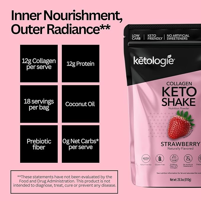 Keto Collagen Shake (Strawberry) - with Coconut Oil, Prebiotics, Grass Fed Hydrolyzed Collagen Peptides Type I & III, Low Carb, Gluten Free,1.78lbs.