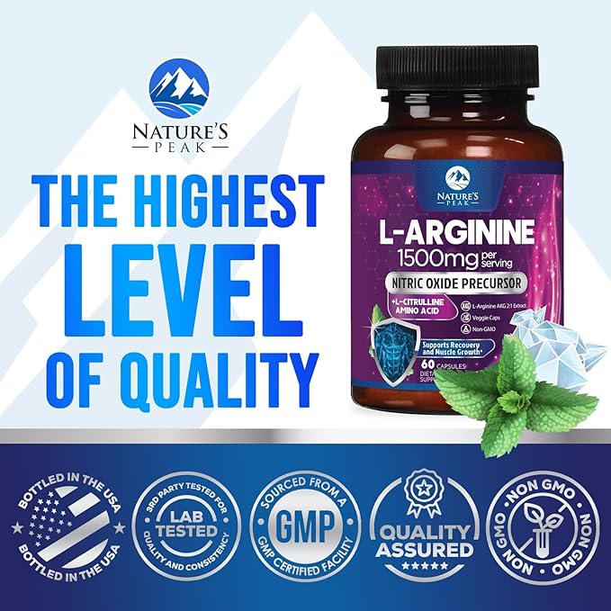 L-Arginine 1000mg Supplement Supports Heart Health - Premium Muscle Supporting Nitric Booster for Strength & Energy to Train Harder - Nature's Non-GMO, Gluten-Free Amino Acid Blend - 60 Capsules