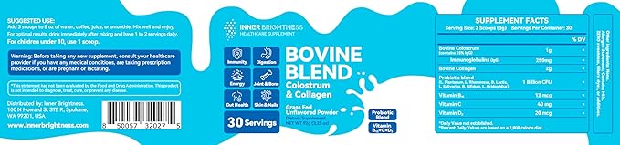Bovine Colostrum & Collagen Powder for Gut Health, Immune Support, Hair Growth & Beauty Supplement, Sugar Free – IgG, Probiotics, Vitamin B12, C, D3 – Unflavored, 30 Servings