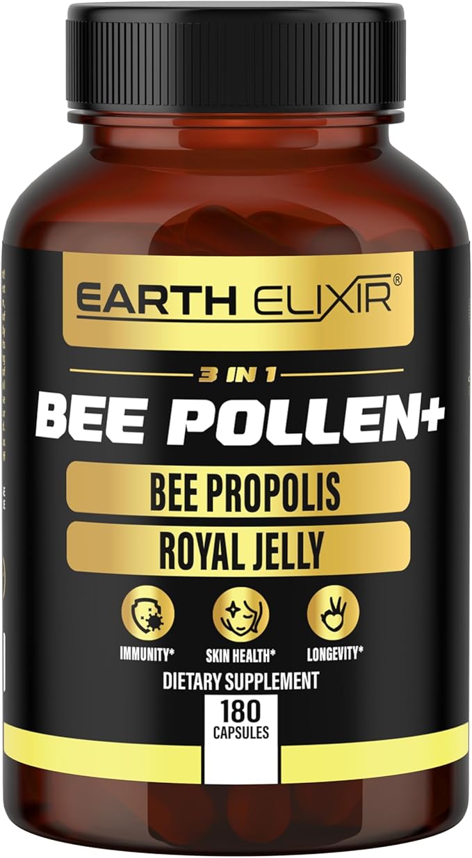 3-in-1 Organic Bee Pollen Capsule – Non-GMO, Pure Raw Bee Pollen, Royal Jelly, Propolis Extract for Women & Men – Natural Energy, Immune & Vitality Support – 180 Propolis Capsules