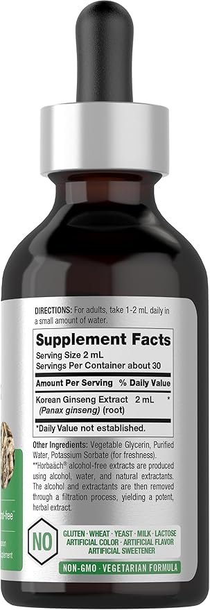 Horbäach Korean Red Panax Ginseng Liquid Extract | 2 Fl Oz | Vegetarian & Alcohol Free Supplement for Men and Women | Non-GMO, Gluten Free