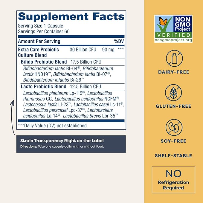Renew Life Extra Care Probiotic Capsules, Daily Supplement Supports Immune, Digestive and Respiratory Health, L. Rhamnosus GG, Dairy, Soy and gluten-free, 30 Billion CFU, 60 Count