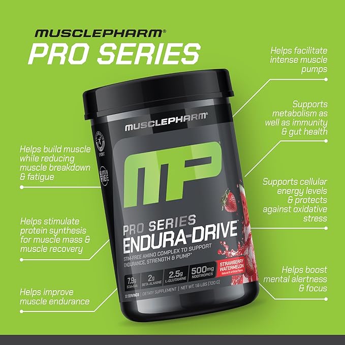 MusclePharm Pro Series ENDURA-DRIVE Pro-Grade Amino Acids Complex with Nootropics | Stim Free Intra Workout & Pre Workout Powder for Endurance & Recovery | Strawberry Watermelon, 1.6 lbs. 30 Servings