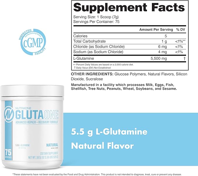 NutraOne GlutaOne L-Glutamine Powder Post Workout Recovery Supplement (75 Servings)
