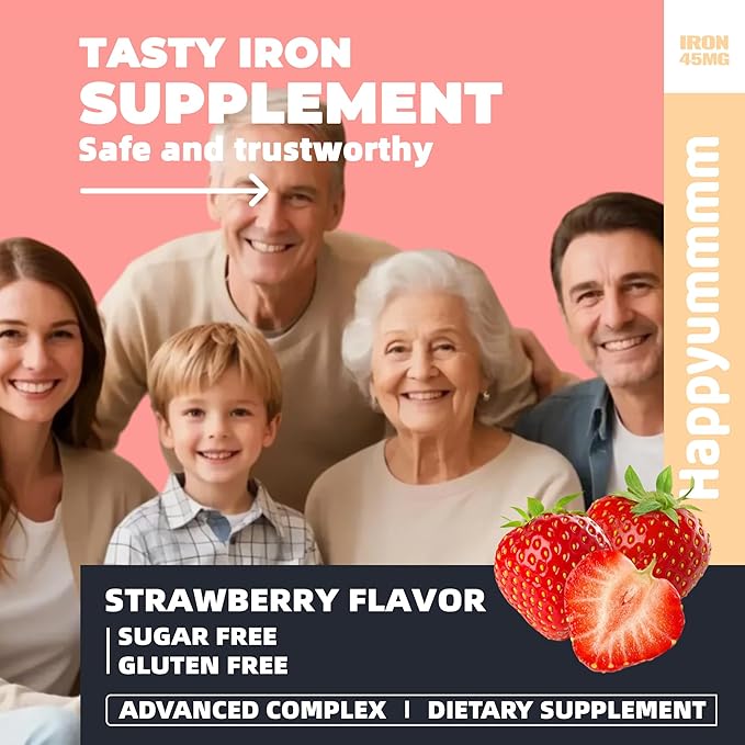 Iron Soft Chews Supplement with Vitamin C | Strawberry Flavored | Gluten Free | Iron Supplement for Women Men and Kids | 60 Count | 2 Month Supply