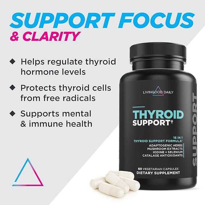 Livingood Daily Thyroid Support for Women & Men, 60 Vegetarian Capsules - Adaptogenic Herbs, Selenium & Iodine Supplement (from Kelp & Fronds) Support Metabolism, Hormone Balance, Mood, Thyroid Health