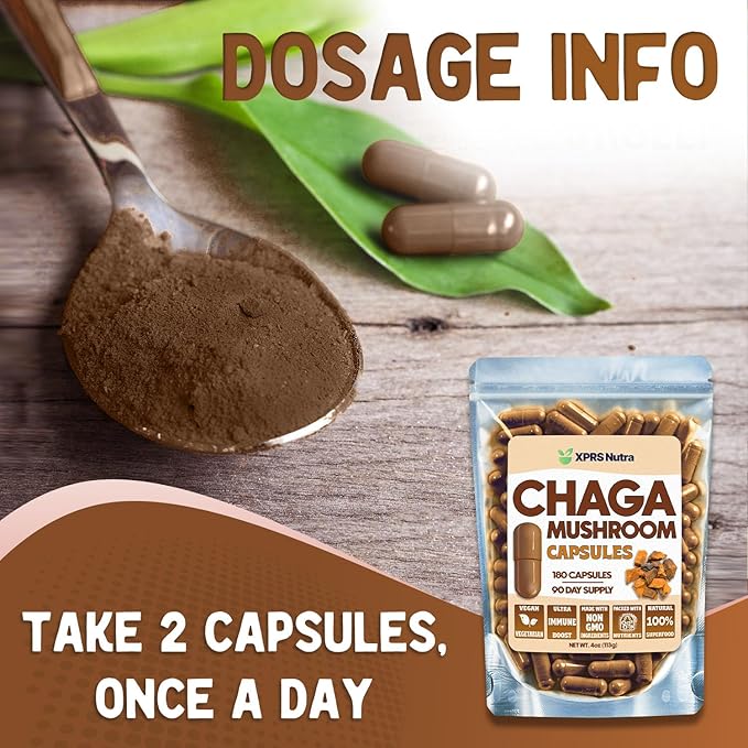 XPRS Nutra Chaga Mushroom Capsules - Premium USDA Chaga Mushrooms Capsules- Encapsulated Chaga Mushroom Powder for an Immunity Boost - Vegan Friendly Superfood for Chaga Tea and Beverages - 180 Count