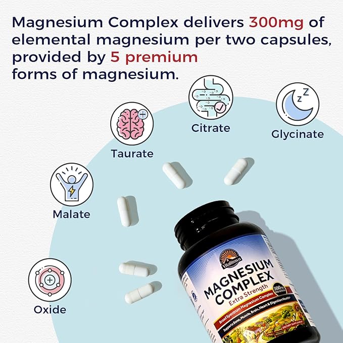 Vitalitown Magnesium Complex Supplement | 300mg Elemental Magnesium | Magnesium Citrate Glycinate Taurate Malate | Non-GMO, No Gluten, 90 Vegan Magnesium Capsules for Bone Muscle Brain Heart