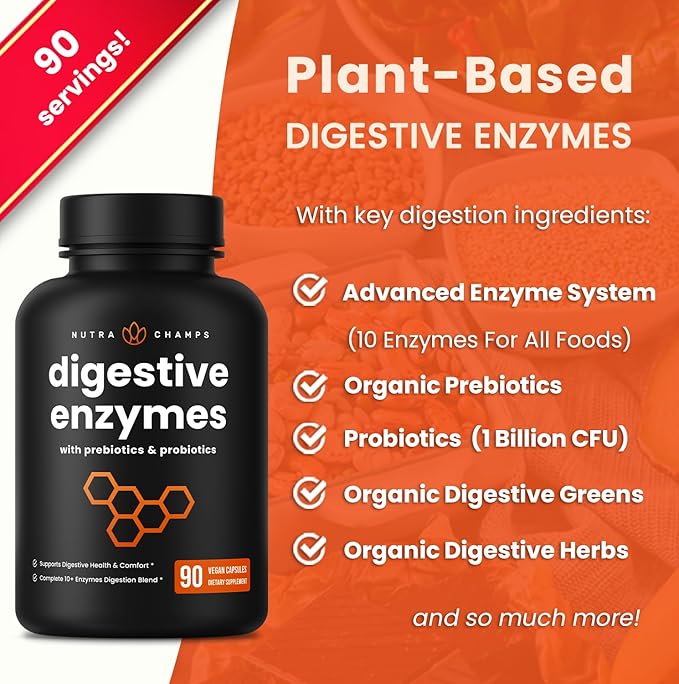 NutraChamps Digestive Enzymes with Probiotics and Prebiotics for Women & Men - 90 Vegan Capsules with Bromelain for Bloating & Optimal Gut Health