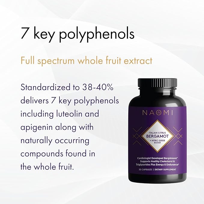 NAOMI Italian Citrus Bergamot 500mg Award-Winning Cardiologist Dvlpd to Support Healthy Cholesterol & Triglyceride Levels Already in Normal Range, w/ 7 Key Polyphenols, Bergamot, VIT C, 30-Day Supply
