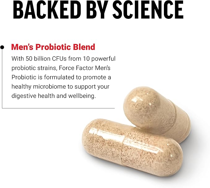 FORCE FACTOR Men’s Probiotic, Probiotics for Digestive Health with 50 Billion CFUs and 10 Probiotic Strains to Support Gut and Colon Health, and Daily Wellness, Non-GMO, Vegan, 30 Vegetable Capsules