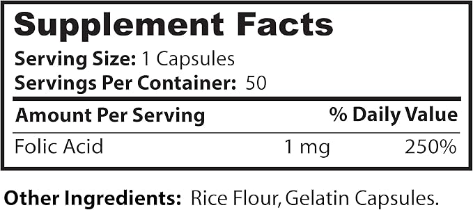Dr. Clark Folic Acid (Vitamin B9) Supplement – 1mg, 50 Gelatin Capsules, Essential B Vitamin for Daily Health