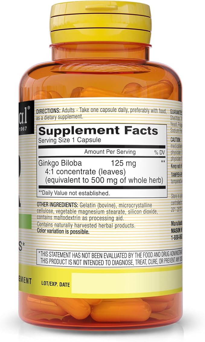 Mason Vitamins Ginkgo Biloba Capsules, 180 Count