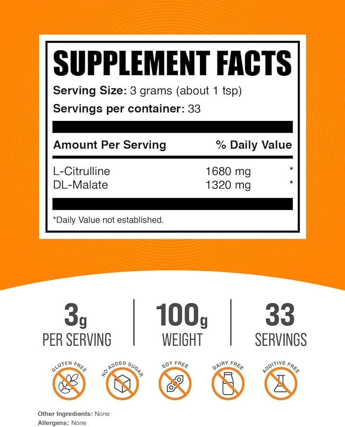 BulkSupplements.com L-Citrulline Malate 1:1 Powder - Citrulline Powder, Amino Acid Supplement - Unflavored & Gluten Free - 3g per Servings, 100g (3.5 oz) (Pack of 1)