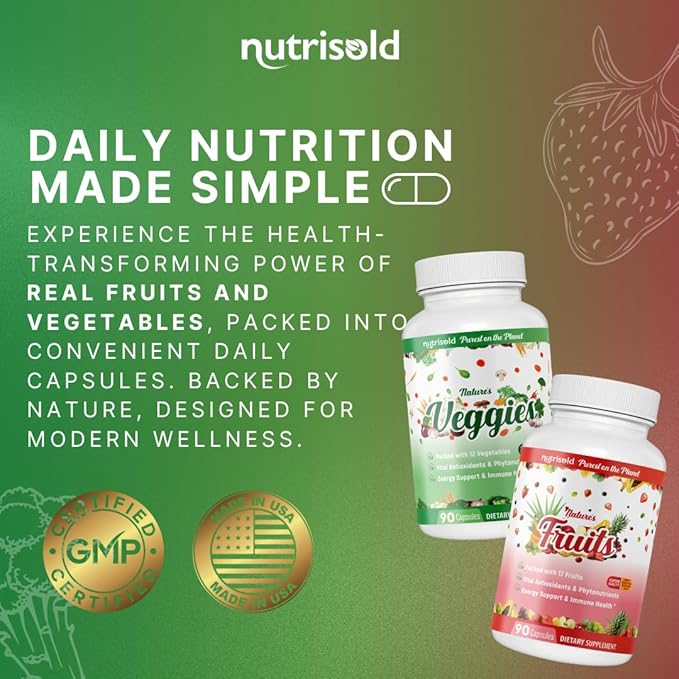 Whole Food Fruits & Vegetables Supplement – Superfood Blend for Energy, Digestion & Immune Support – 90 Fruit & 90 Veggie Capsules – Made in USA