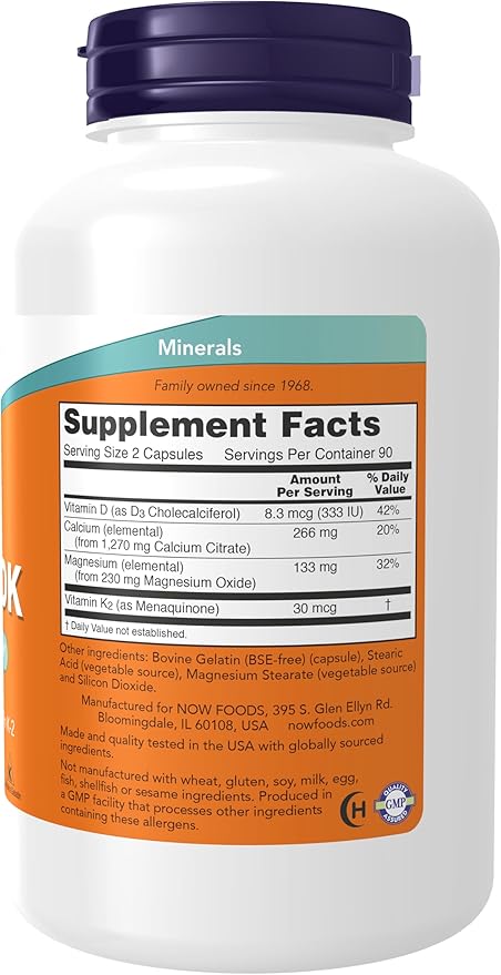 NOW Foods Supplements, Cal-Mag DK with Vitamin D-3 and Vitamin K-2, Supports Bone Health*, 180 Capsules