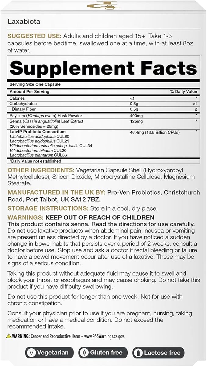 Laxabiota Daily Probiotic with Natural Laxative & Fiber | 12.5 Billion CFUs | Contains Sennosides for Constipation | Vegetarian & Gluten Free