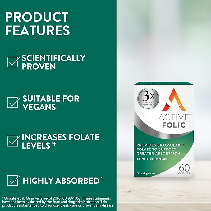 Active Folic 400mcg, Folic Acid Supplement for Pregnancy, 60 Capsules, Helps Fight Tiredness, Fatigue, Highly Absorbed, L-Methylfolate, Vegan, 2 Month Supply