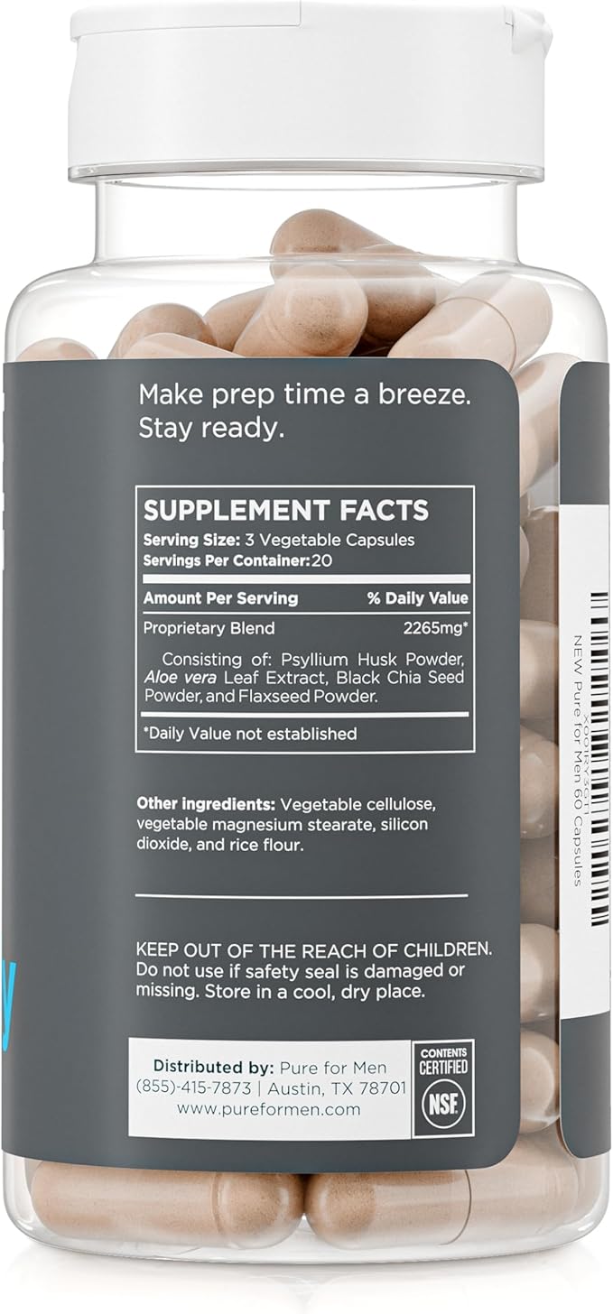 Pure for Men Original Cleanliness Stay Ready Fiber Supplement | Helps Promote Digestive Regularity | Psyllium Husk, Aloe Vera, Chia Seeds, Flaxseeds | Proprietary Formula | 60 Vegan Capsules