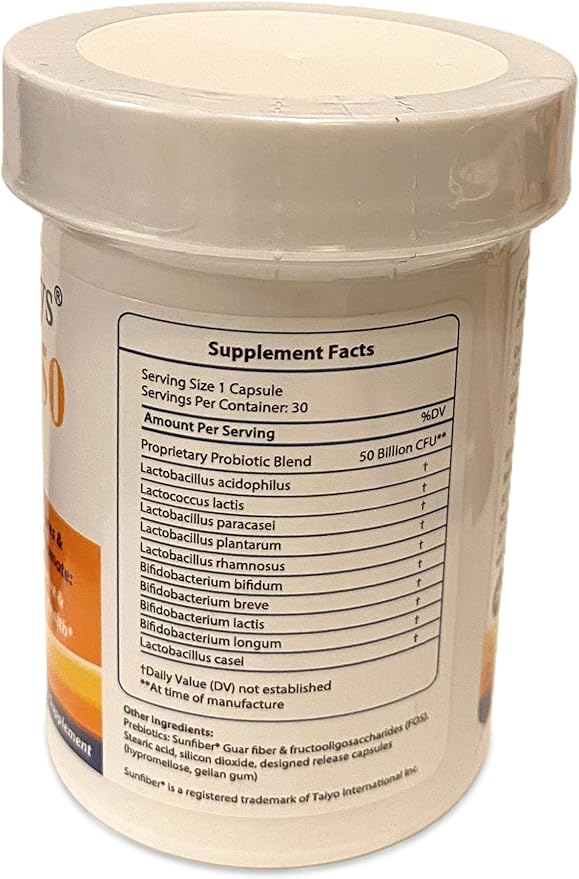 50 High Potency Adult Probiotic, 50 Billion CFU, Prebiotics, Dairy Free, Gluten Free Probiotic, Non-GMO, Sugar-Free, Made in USA