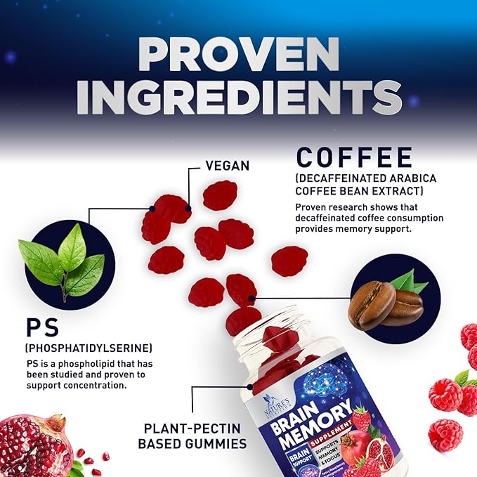 Brain Supplement Gummies for Concentration Memory & Focus Support - Brain Clarity Health with B6 B12, Phosphatidylserine, Coffee Extract, Nootropics Cognitive Vitamins for Adults - 60 Vegan Gummies
