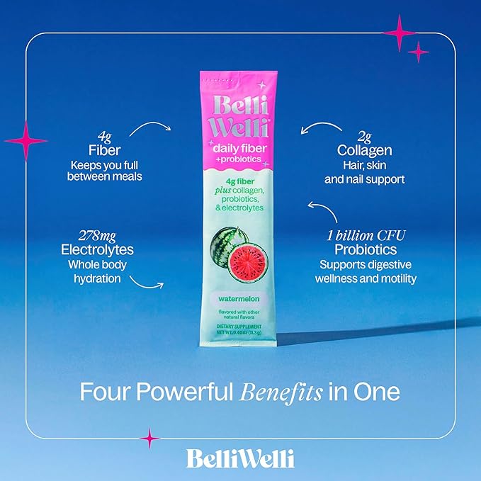 Daily Fiber Supplement Packets with Collagen, Probiotics & Electrolytes | Single Serve Travel Packets for Gut Health, Digestion & Debloating | Watermelon | 10 Count