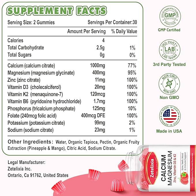 Calcium Magnesium Zinc Gummies with Vitamin D3 & K2, Calcium Gummies for B0nes Muscles, Women & Men, Raspberry Flavor - 60 Count