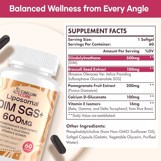 Liposomal DIM SGS Supplement - Hormone Supplement for Women & Men, Estrogen Supplements Contains Sulforaphane Glucosinolate, Vitamin E, Pomegranate Fruit - Support Detox and Antioxidant (1 Pack)