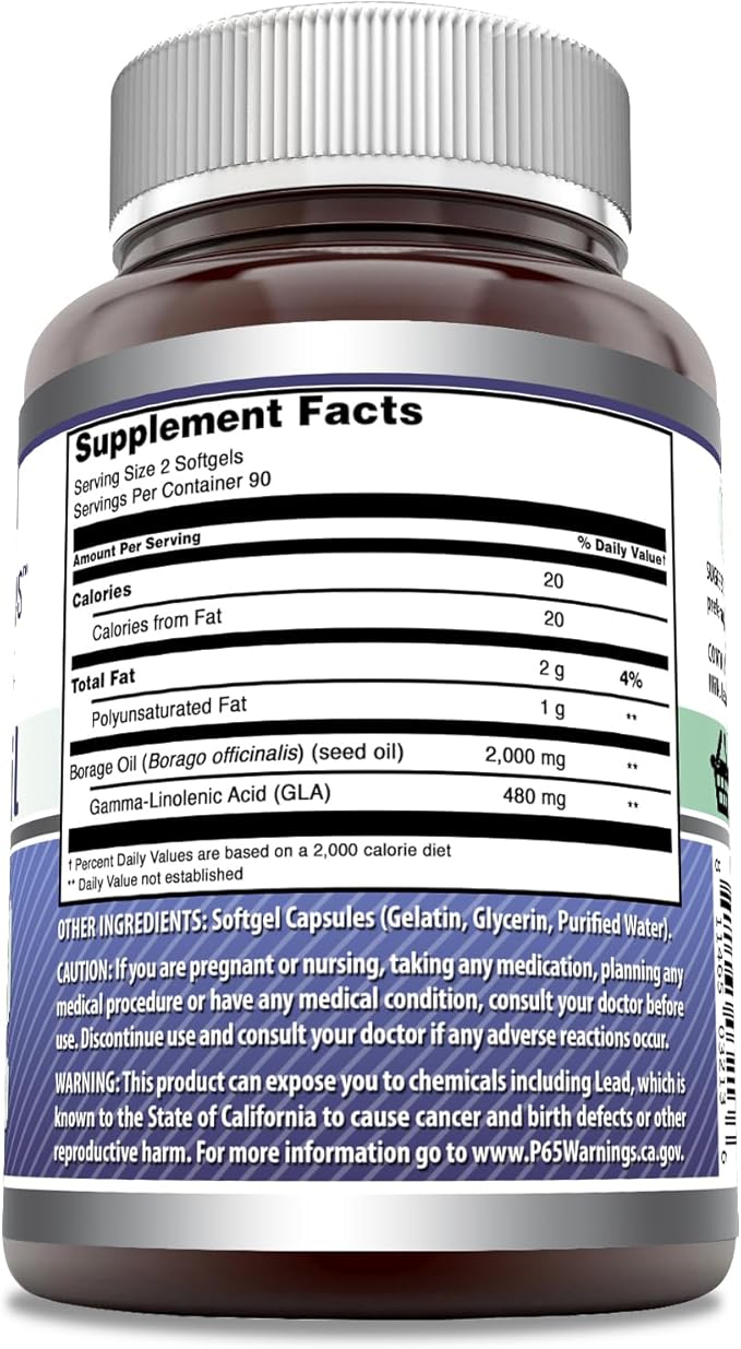 Amazing Formulas Borage Oil Supplement | 2000 Mg Per Serving | Softgels | Non-GMO | Gluten-Free | Made in USA (180 Count, 1 Pack)