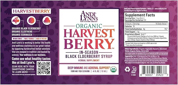 Andi Lynn's Organic Harvest Berry Syrup for Kids and Adults – Real Honey Elderberry Syrup for Immune Support - Therapeutic Formula - 4 Fl. Oz (Pack of 3)