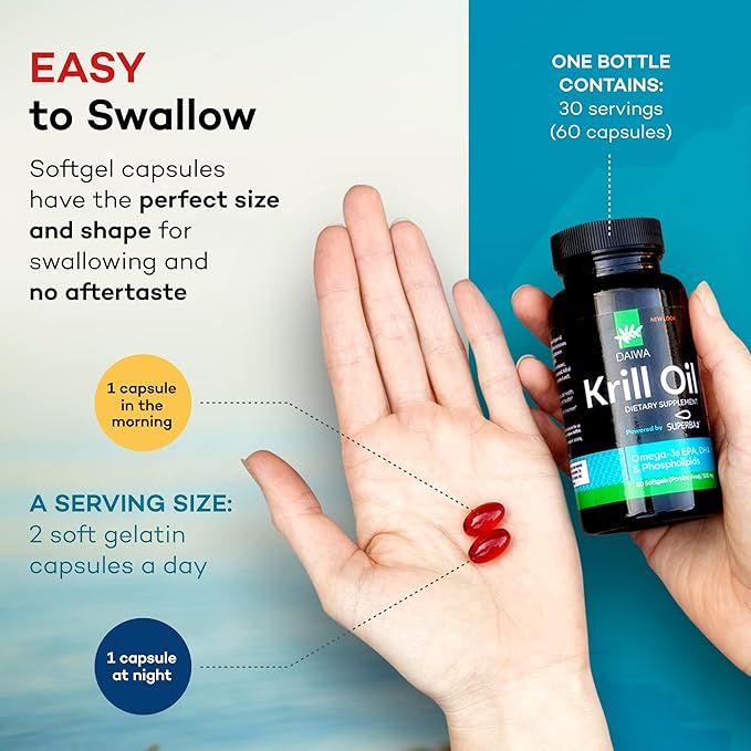 Daiwa Krill Oil 1000mg Softgels - EPA DHA Krill Oil Omega 3 6 9 with Astaxanthin for Joint, Brain and Heart Health - Antarctic Krill Oil Supplement - 60/ct