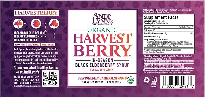 Andi Lynn's Organic Harvest Berry Syrup for Kids and Adults – Real Honey Elderberry Syrup for Immune Support - Therapeutic Formula - 4 Fl. Oz (Pack of 1)
