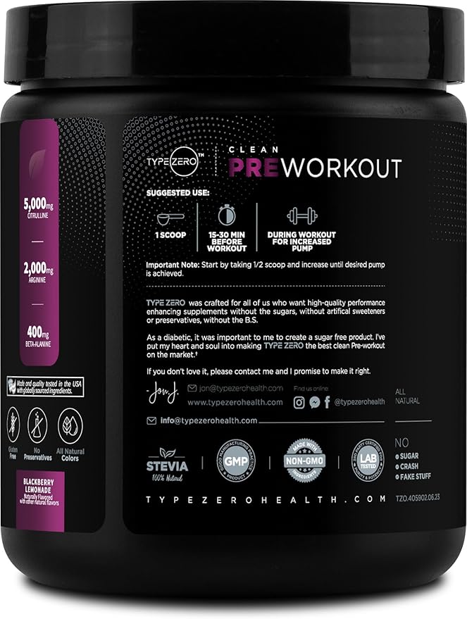 Type Zero Clean Pre Workout (11.3 oz | BlackBerry Lemonade) + Beet Root + L-Arginine + L-Citrulline - 2G Arginine, L-Citrulline Malate, Sugar Free, Organic Caffeine Preworkout